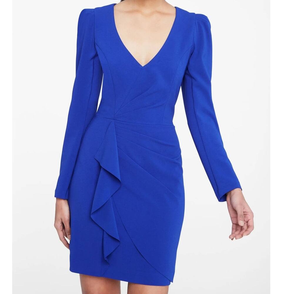 Parker Black Clinton Cobalt Blue Ruffle Fitted Sheath Mini Cocktail Dress Size 2